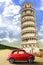 Tower of Pisa and the old vintage red car. Italy retrÃ² scene