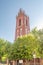 Tower of Roman Catholic church of Adalbert of Prague in Mragowo, Poland