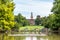 Tower of Sforza Castle Castello Sforzesco, built in the 15th century by Francesco Sforza, Duke of Milan, and the park of Parco