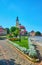 The tower of the Town Hall behind the park, Kamianets-Podilskyi, Ukraine