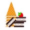 Tower of waffle cones, chocolate biscuits with strawberry berries flat isolated