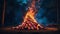 Towering bonfire brightly illuminating its surroundings with glow of the flames dancing energetically