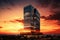 A towering building stands tall amidst a picturesque sunset, creating a dramatic and captivating urban landscape, An elegant high-