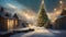 A towering Christmas tree sparkles amidst snow cabins, creating a New Year's fairy tale in heart of winter's