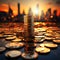 Towering coin stacks at sunrise evoke financial prowess and ambition