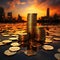 Towering coin stacks at sunrise evoke financial prowess and ambition