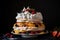 towering meringue dessert with layers of fruit and whipped cream