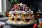towering meringue dessert with layers of fruit and whipped cream