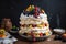 towering meringue dessert with layers of fruit and whipped cream