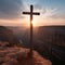 Towering Metal Cross on Sheer Cliff Face at Sunset AI Generated