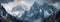 A Towering Mountain Range With Snowy Peaks Panoramic Background. Generative AI