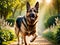 A towering and powerful German Shepherd is running in the garden!