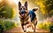 A towering and powerful German Shepherd is running in the garden!