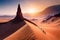 A towering sandstone spire in the desert with climbers ascending its challenging features, surrounded by arid beauty