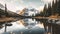 Towering Snowcapped Peaks Reflected In A Tranquil Alpine Lake. Generative AI