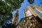 A towering stone gothic style church reaching for the clear blue sky