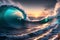 The Towering Surf Waves Reaching for the Sky, Amidst the Radiant Colors of Sunset. AI generated