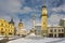 Towers of Banska Bystrica during winter with snow