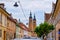 Towers of Byzantine style basilica Holy Trinity Cathedral Catedrala Sfanta Treime din Sibiu as seen from the city streets.