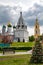 Towers and dome of temples and churches with white walls in Kolomna at the Cathedral Square