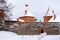 Towers of historical Trakai castle covered with snow, Lithuania. Winter landscape