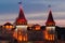 Towers of mediaeval fortress with evening backlight, Kamianets-Podilskyi, Ukraine