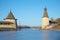 Towers of the Pskov Kremlin on the place of confluence of Pskova and Velikaya. Pskov Kremlin, Russia