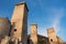 Towers and rampart of Pacentro castle at sunset