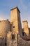 Towers and rampart of Pacentro castle at sunset