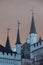 Towers of he Small Guild and the Great Guild in the Old Town of Riga under dramatic evening clouds