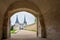 Towers, wall and fortifications of the main entrance to Bec Hellouin catholic Abbey, France