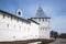 Towers, walls and fence of the Nikitsky monastery. Pereslavl Zalessky. Golden ring of Russia. Yaroslavl region.