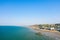 The town of Arromanches les Bains and its artificial port on the edge of the English Channel in Europe, France, Normandy,