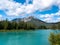 Town of Banff, Bow River Trail scenery in summer sunny day. Banff National Park, Canadian Rockies, Alberta, Canada. Mount Rundle