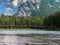 Town of Banff, Bow River Trail scenery in summer sunny day. Banff National Park, Canadian Rockies, Alberta, Canada. Mount Rundle