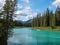 Town of Banff, Bow River Trail scenery in summer sunny day. Banff National Park, Canadian Rockies, Alberta, Canada. Mount Rundle