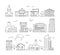 Town buildings icon. Urban architecture village houses factory living rooms exterior walls vector linear pictures set