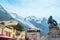 The town of Chamonix, the Mont blanc summit with the Bossons glacier in the background, The Alps France