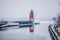 Town of Charlevoix and South Pier Lighthouse on lake michigan