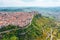 The town of Enna Italy Sicily on a hillside cliff, aerial view