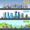 Town flat. Ecology industrial smart city architectural objects different buildings factory vector horizontal