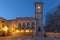 The Town Hall next to the facade of the Basilica of San Benedetto destroyed by the earthquake, Norcia, Italy,