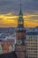 Town Hall tower close up. Beautiful sunset view at winter evening in Wroclaw