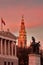 Town Hall Tower (The Rathaus) and the Parliament Building. Gorgeous sunset - landmark attraction in Vienna, Austria