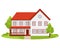 Town house cottage, flat private residential architecture. Front of the house and garden, country cottage. Grassy lawn