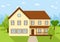 Town house cottage, flat private residential architecture. Front of the house and garden, country cottage. Grassy lawn
