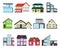 Town house cottage set different types Home Architecture retro and modern concept flat design style. Residential houses