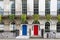 Town house with red and blue door, London, UK