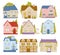 Town houses, neighborhood residence cartoon buildings set, cute colourful cottage cabin houses