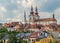 Town of Kadan in Czech Republic, view of historic town centre with the church and the town hall tower